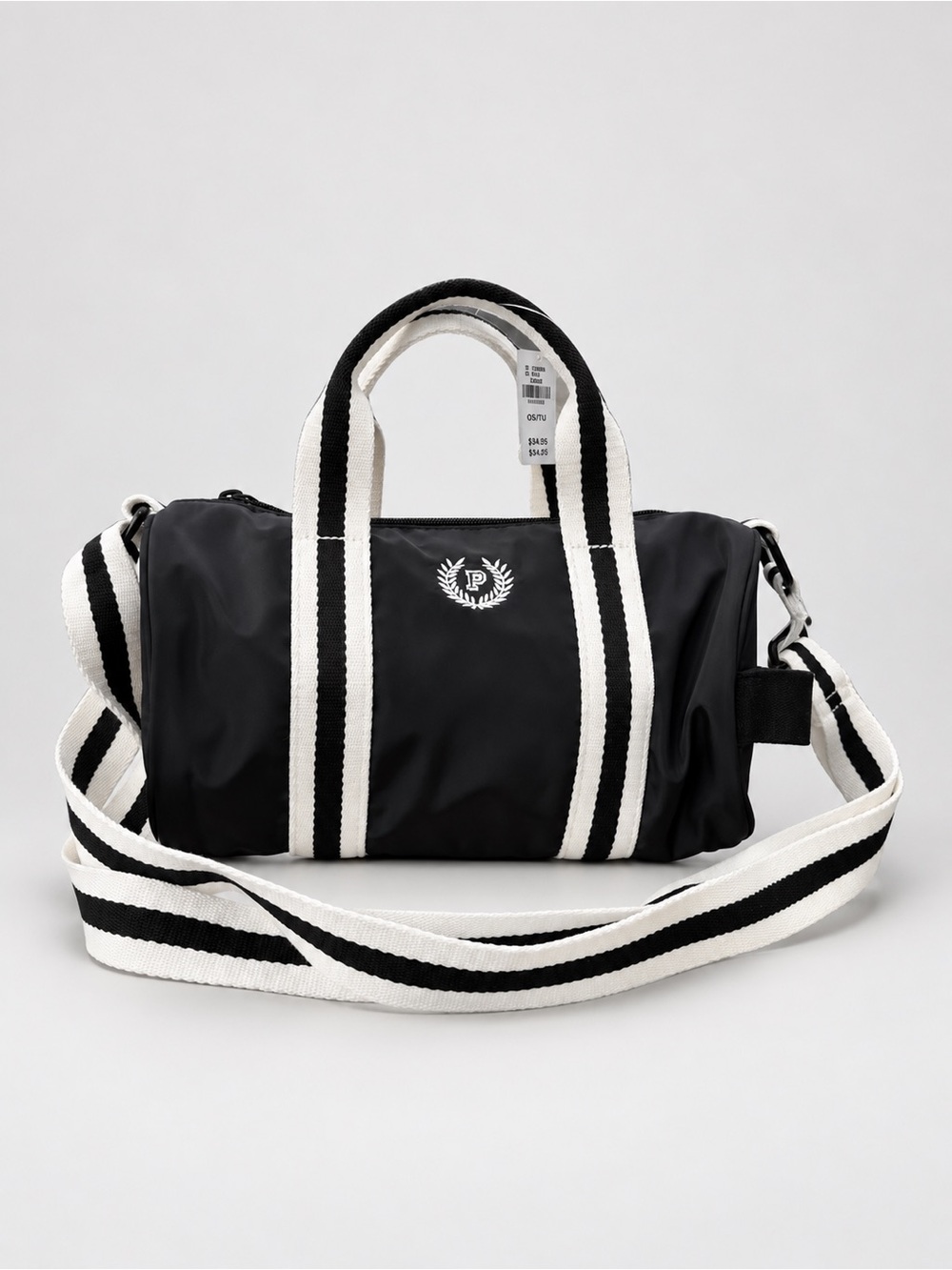 PINK Victoria's Secret Black Crossbody Duffel with White Striped Handles